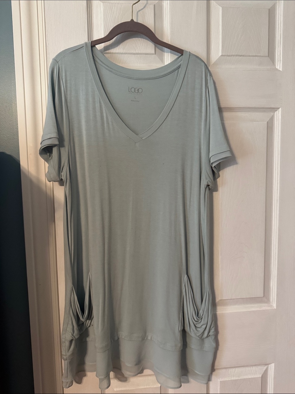 LOGO by Lori Goldstein dusty turquoise V-Neck Short Sleeve Tunic with Pockets